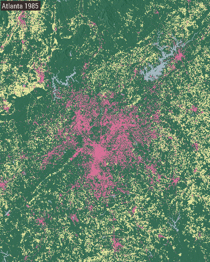 Example area showing LCMS land use changing over Atlanta